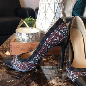 Black, Red, and White Heel Pumps